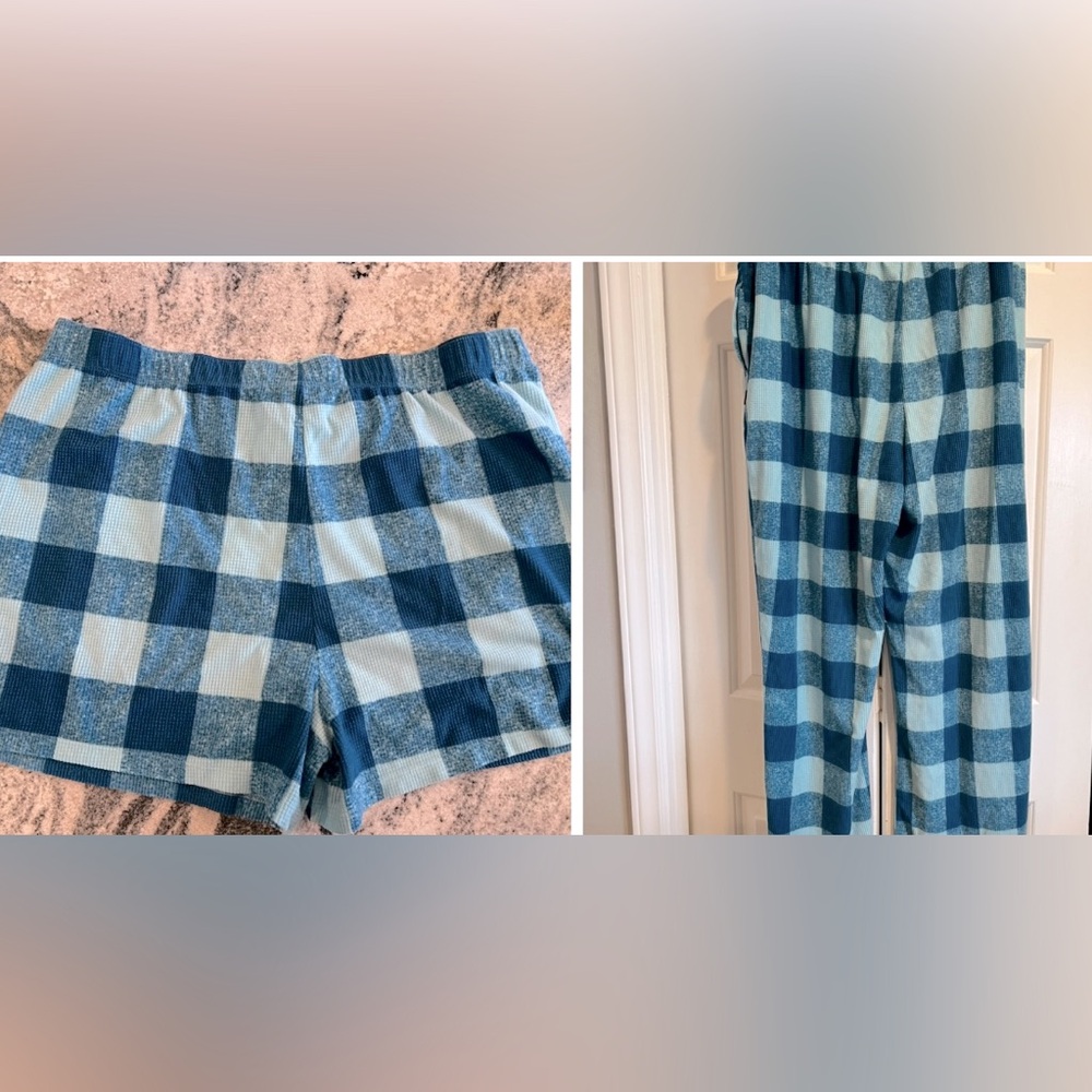 2 Pc Blue Plaid Set / Matching Shorts & Long Pants by EDDIE BAUER
